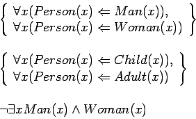 \begin{displaymath}\begin{array}{l}
\left\{\begin{array}{l} \forall x (Person(x)...
...right\}  \\
\neg \exists x Man(x) \land Woman(x)
\end{array}\end{displaymath}